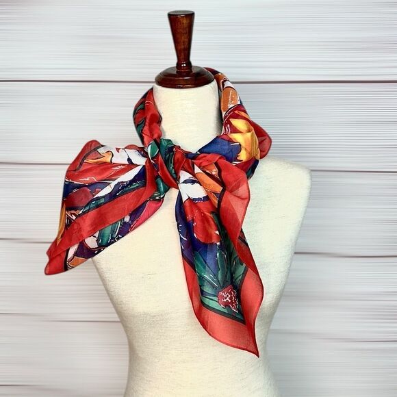 NWOT Albert Nipon Collection XIIX Square Scarf Cotton Tropical Floral Japan - Picture 3 of 10